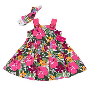NWT Gymboree Pink/Green/Orange Tropical Flower Dress & Headband -18-24 Months